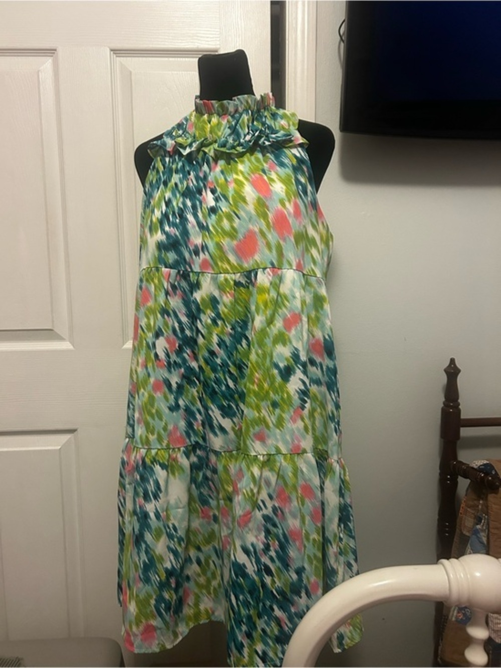Shop the Mint Watercolor Floral Halter Dress in Blue, Green & Pink
